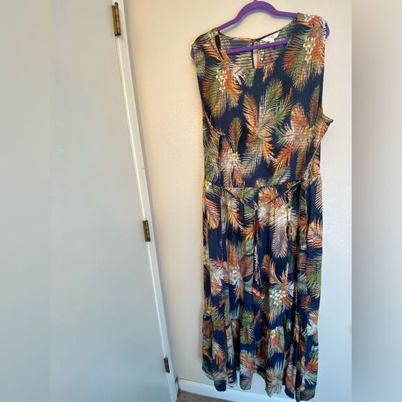 Terra & Sky navy blue tropical beach maxi Boho dress smocked tiered plus size 4X - Picture 3 of 13